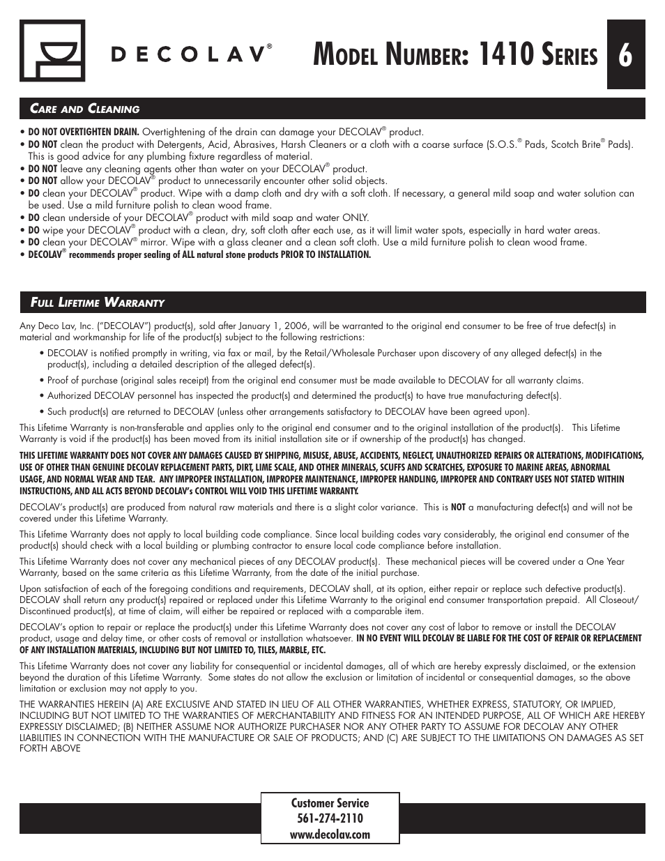 1410 s, Odel, Umber | Eries | Decolav 1410 User Manual | Page 6 / 18