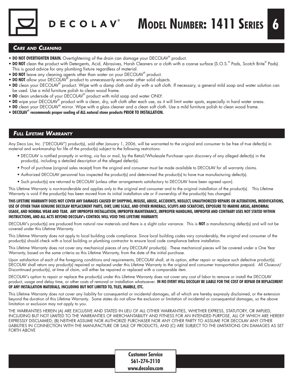 1411 s, Odel, Umber | Eries | Decolav 1411 User Manual | Page 6 / 6