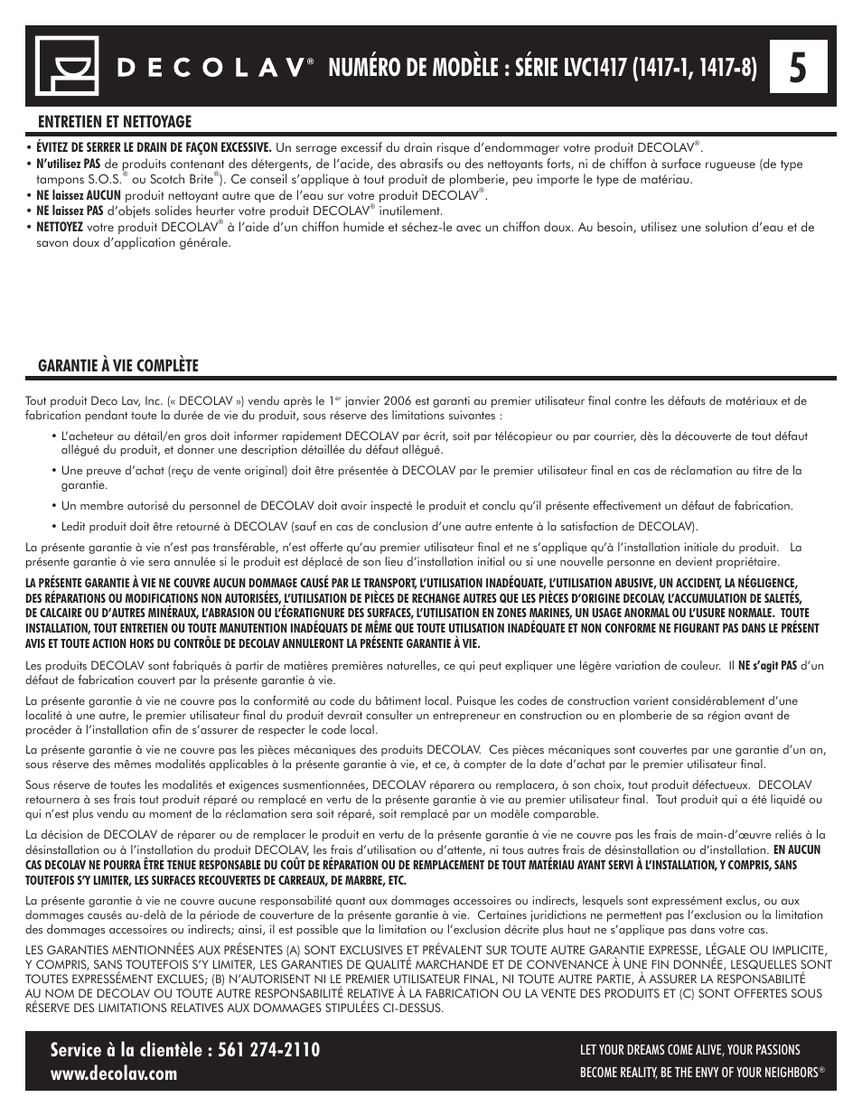 Entretien et nettoyage garantie à vie complète | Decolav 1417-8 User Manual | Page 10 / 15