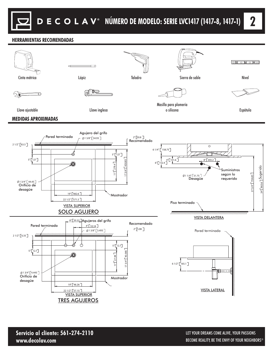 Herramientas recomendadas medidas aproximadas, Solo agujero tres agujeros | Decolav 1417-8 User Manual | Page 12 / 15