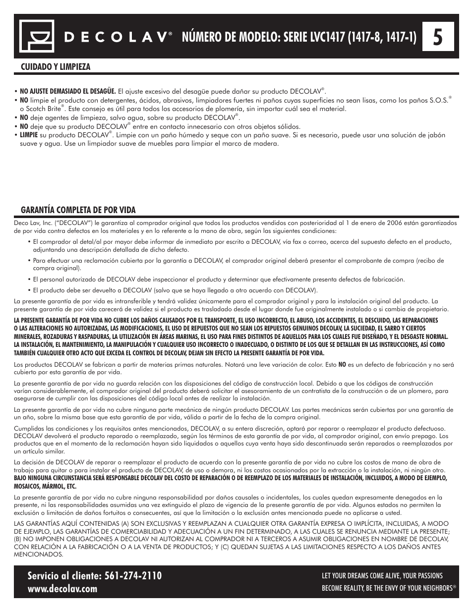 Cuidado y limpieza garantía completa de por vida | Decolav 1417-8 User Manual | Page 15 / 15