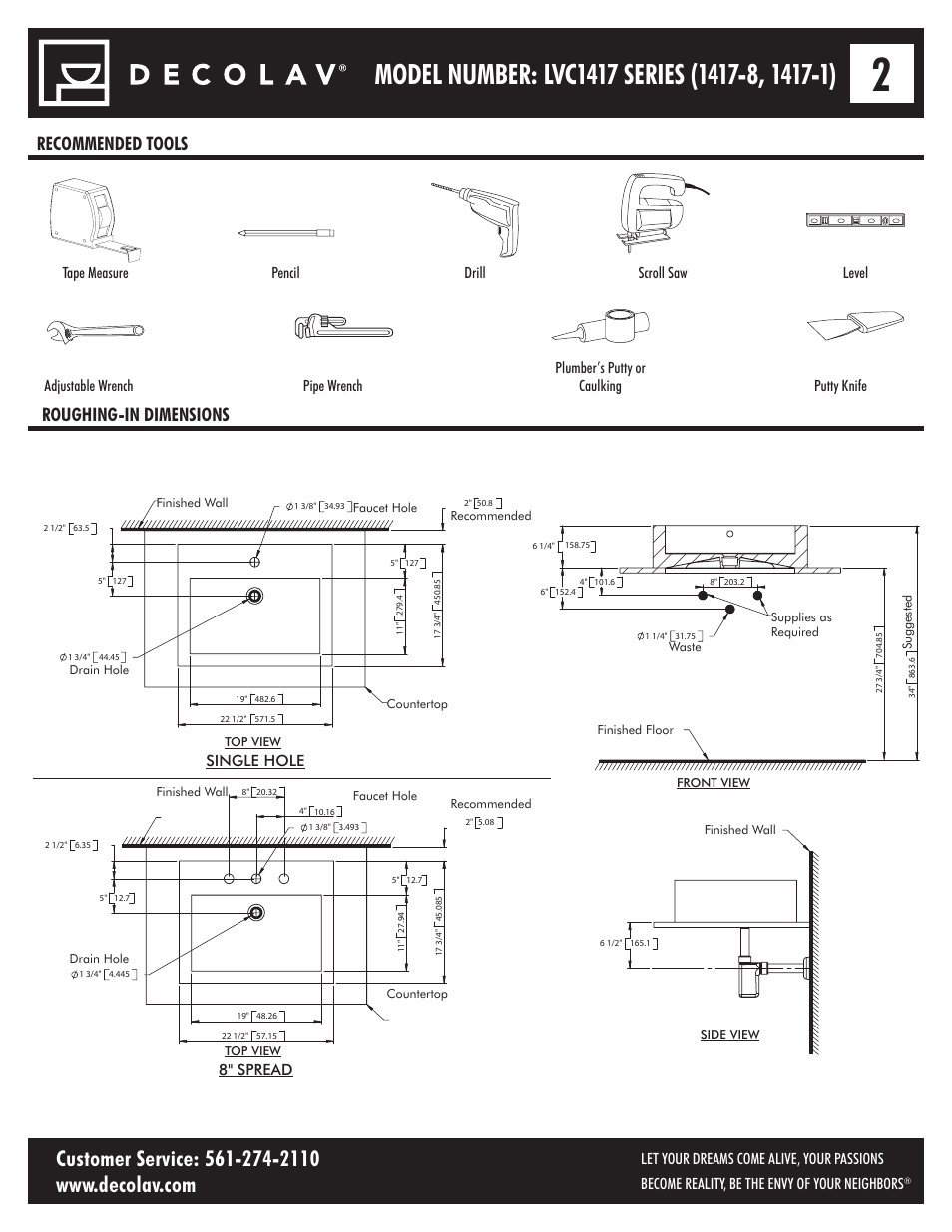 Recommended tools roughing-in dimensions | Decolav 1417-8 User Manual | Page 2 / 15