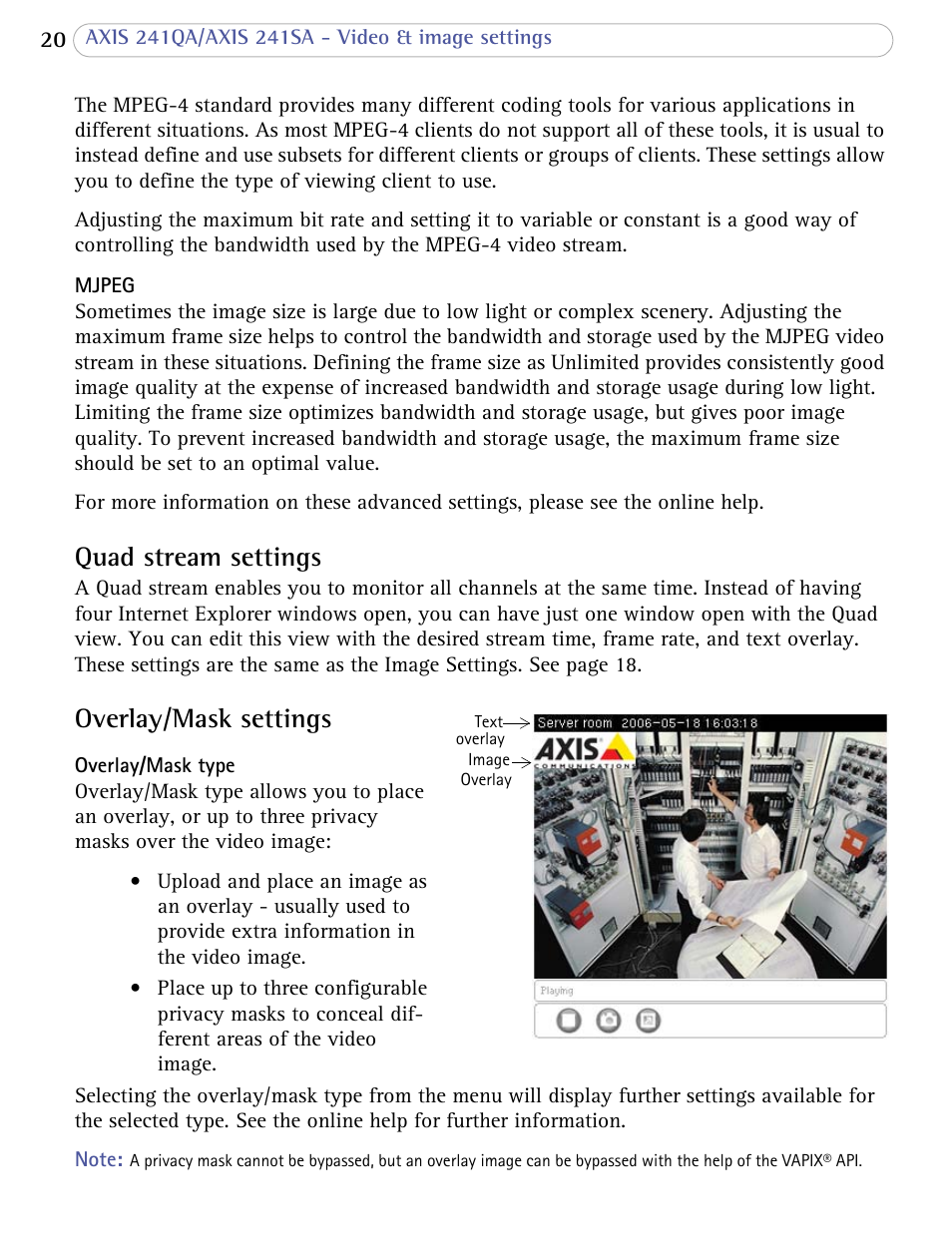 Quad stream settings, Overlay/mask settings, Quad stream settings overlay/mask settings | Axis Communications Video Server AXIS 241SA User Manual | Page 20 / 83