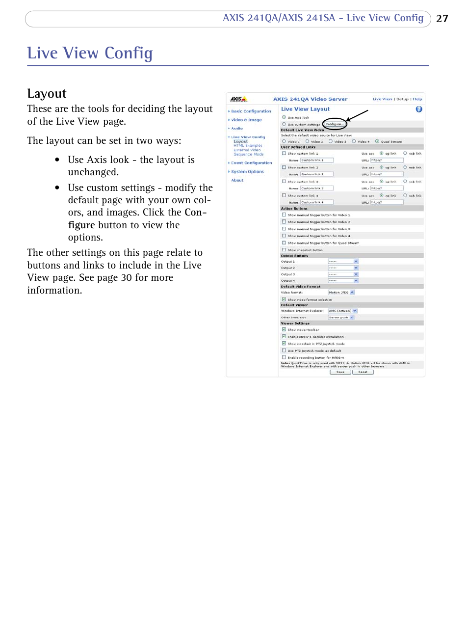 Live view config, Layout | Axis Communications Video Server AXIS 241SA User Manual | Page 27 / 83