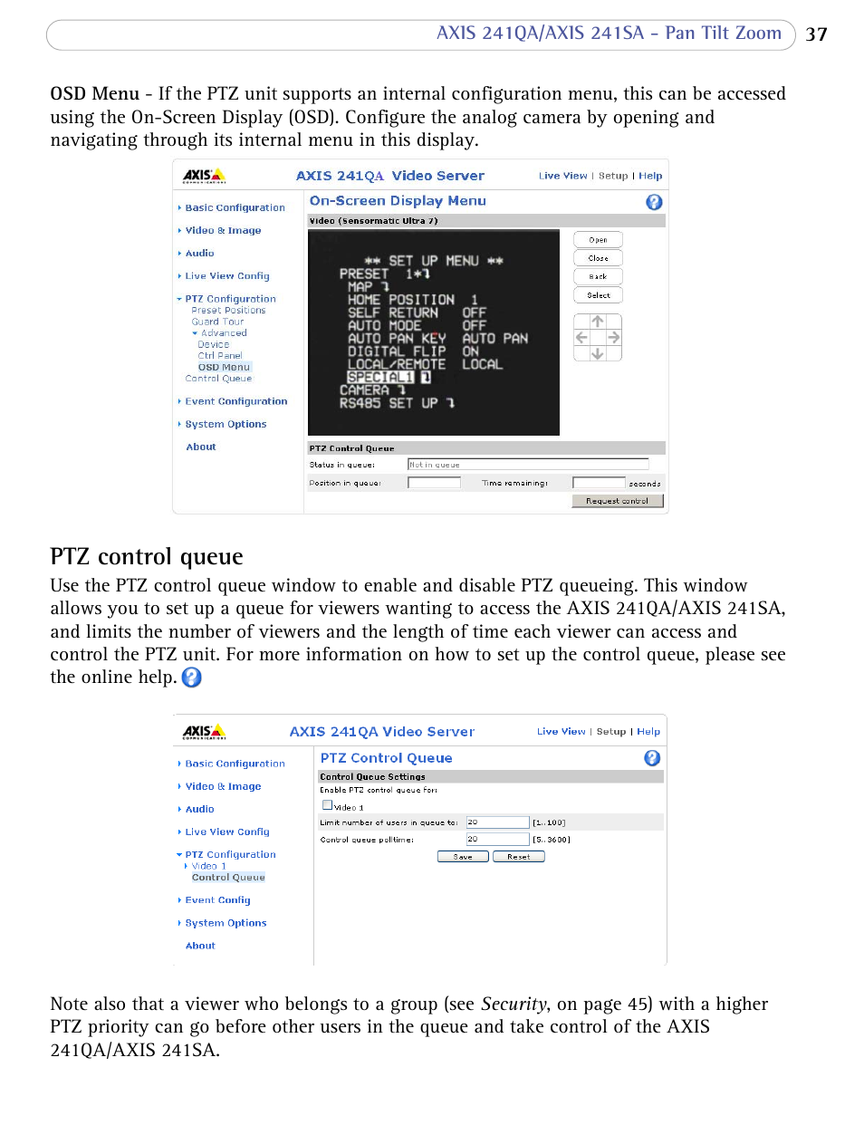 Ptz control queue | Axis Communications Video Server AXIS 241SA User Manual | Page 37 / 83