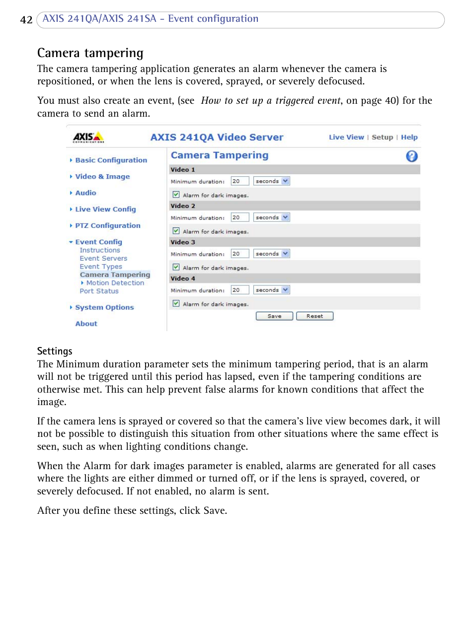 Camera tampering | Axis Communications Video Server AXIS 241SA User Manual | Page 42 / 83