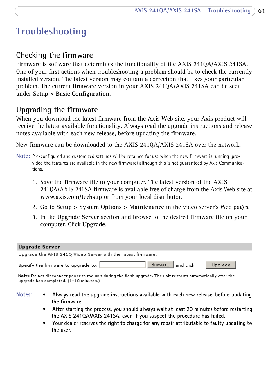 Troubleshooting, Checking the firmware, Upgrading the firmware | Checking the firmware upgrading the firmware | Axis Communications Video Server AXIS 241SA User Manual | Page 61 / 83