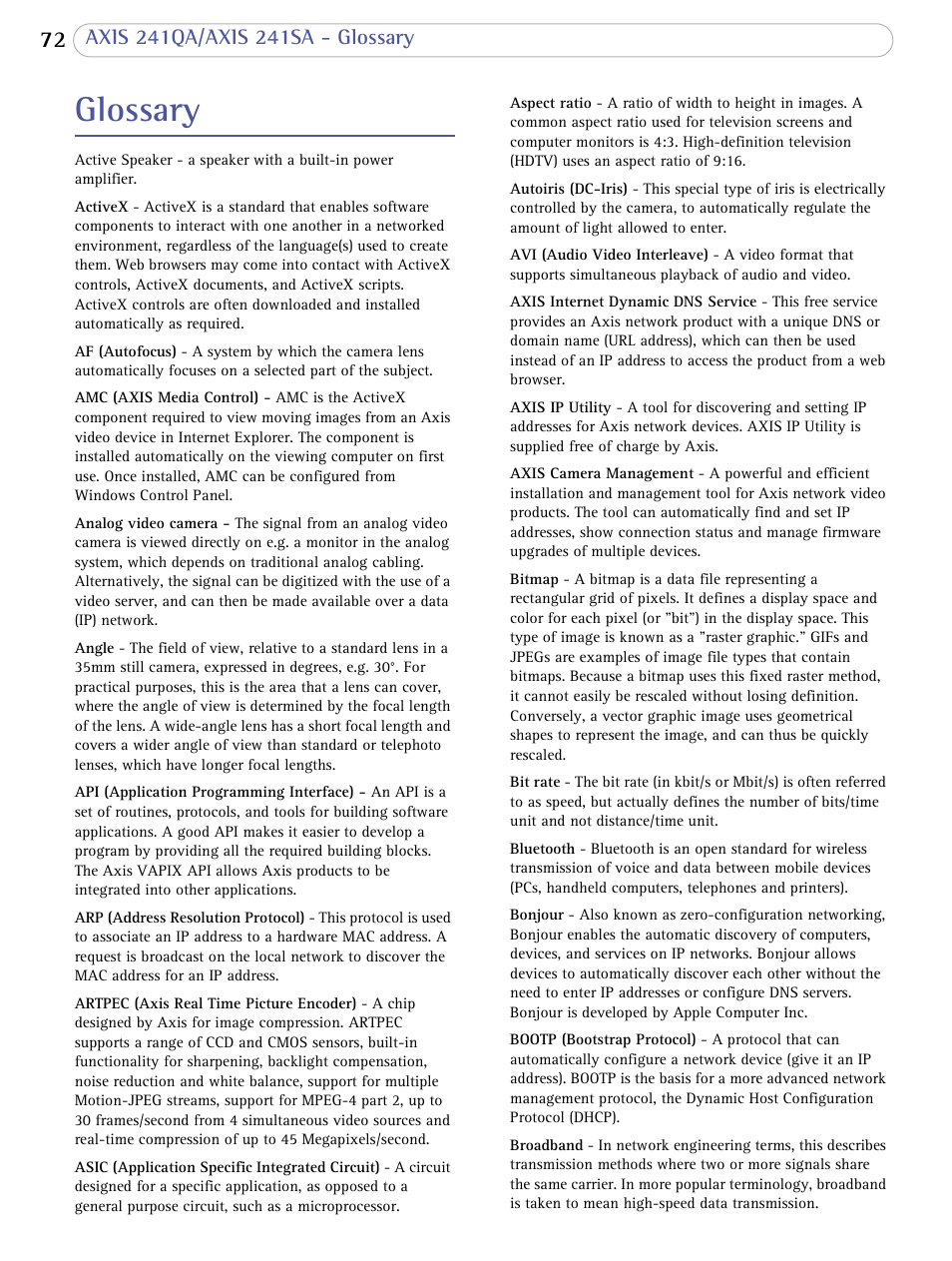 Glossary | Axis Communications Video Server AXIS 241SA User Manual | Page 72 / 83