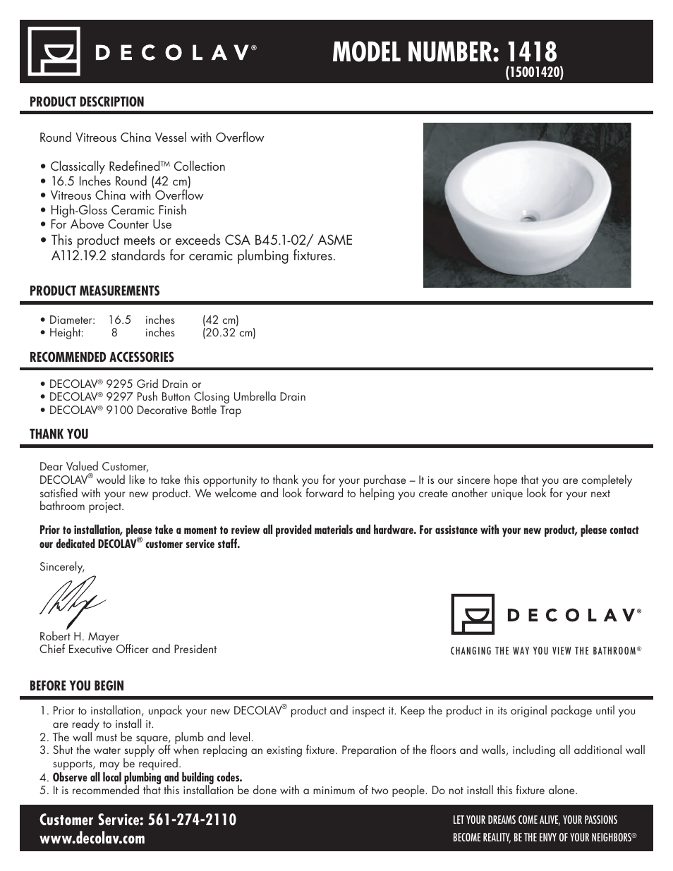 Decolav 1418 User Manual | 6 pages