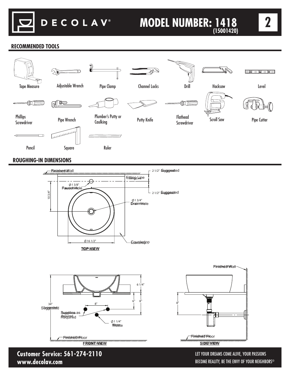 Model number: 1418, Recommended tools roughing-in dimensions | Decolav 1418 User Manual | Page 2 / 6