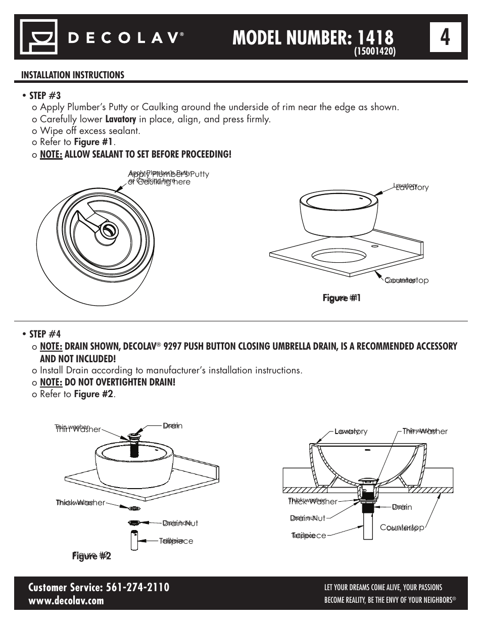 Model number: 1418, Step #3, Lavatory | Step #4 | Decolav 1418 User Manual | Page 4 / 6