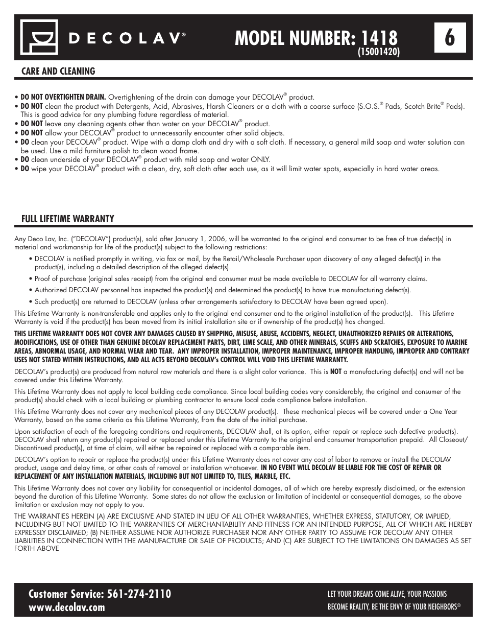 Model number: 1418, Care and cleaning full lifetime warranty | Decolav 1418 User Manual | Page 6 / 6