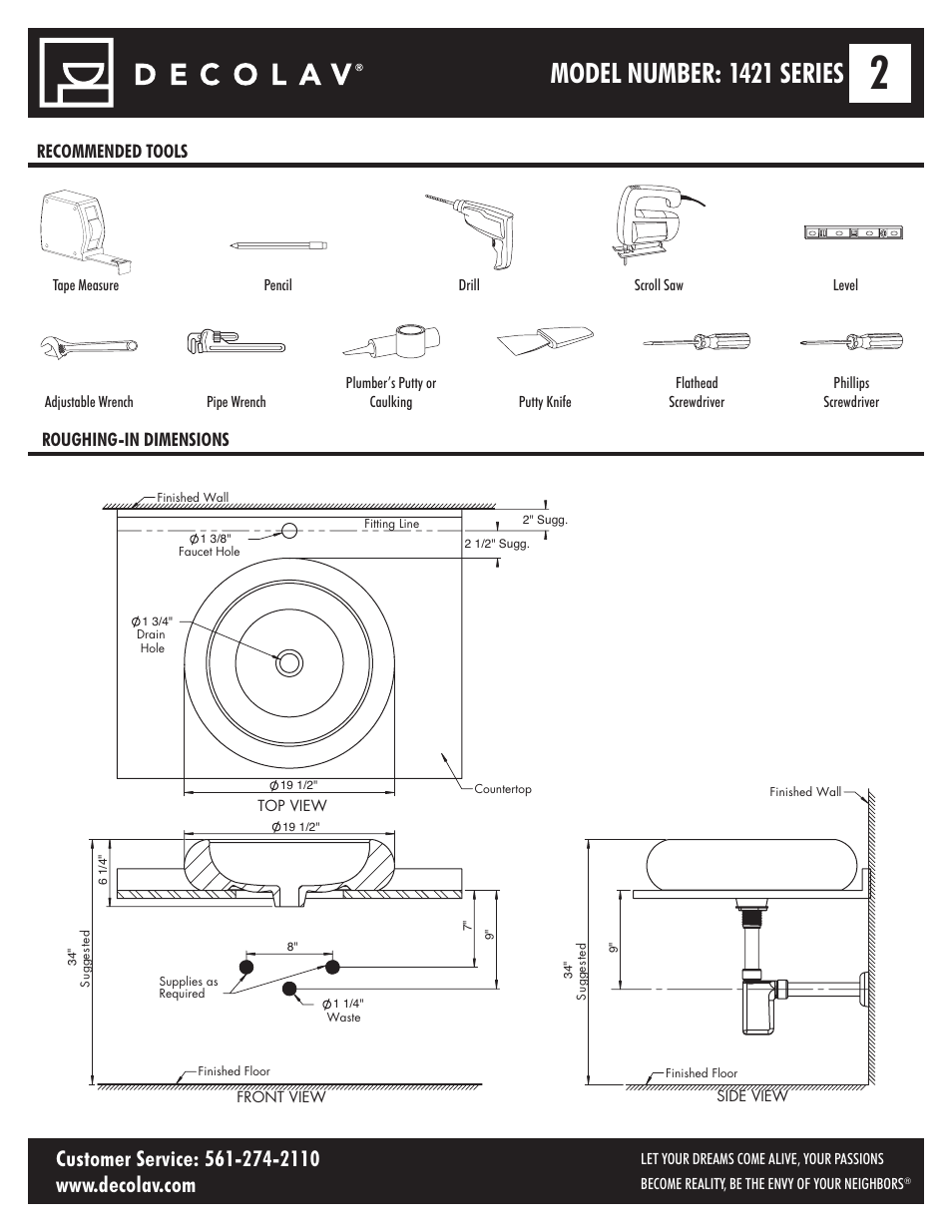 Model number: 1421 series, Recommended tools roughing-in dimensions | Decolav 1421 User Manual | Page 2 / 6