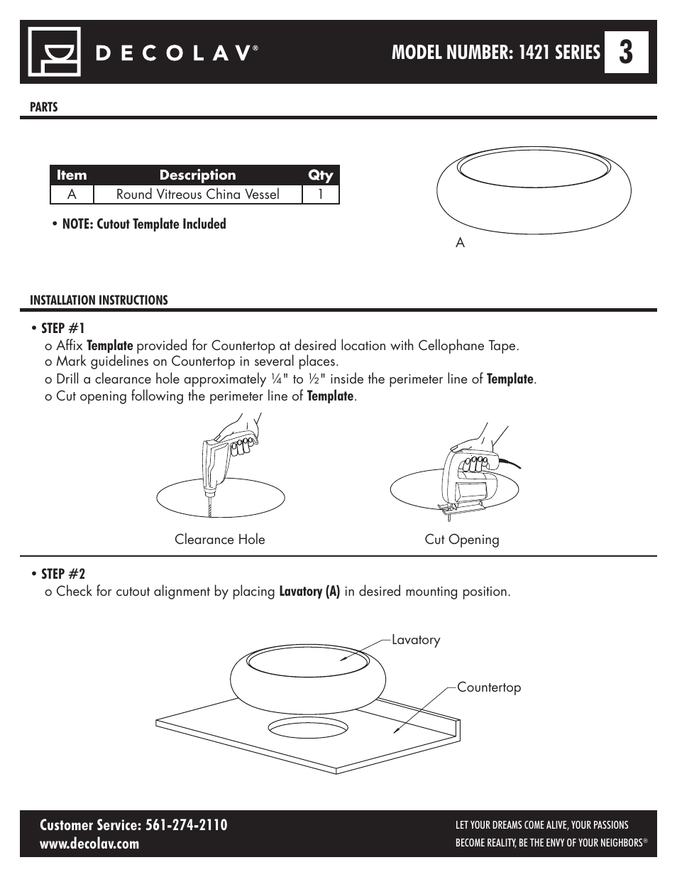 Model number: 1421 series | Decolav 1421 User Manual | Page 3 / 6