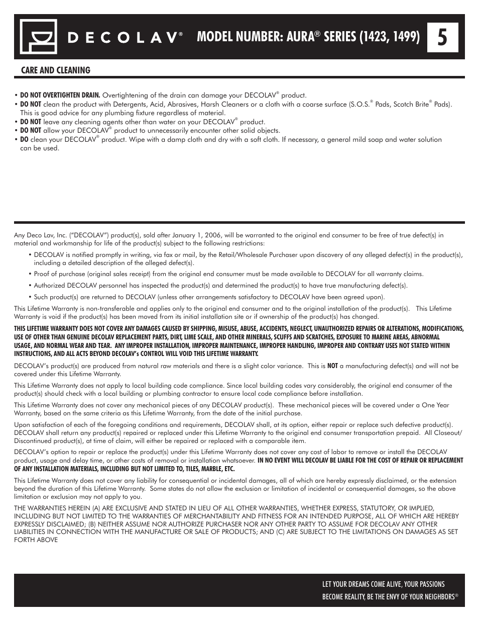 Model number: aura, Care and cleaning | Decolav 1423 User Manual | Page 5 / 15