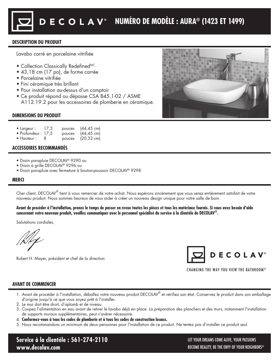 1423_fr_300710.pdf, Numéro de modèle : aura | Decolav 1423 User Manual | Page 6 / 15