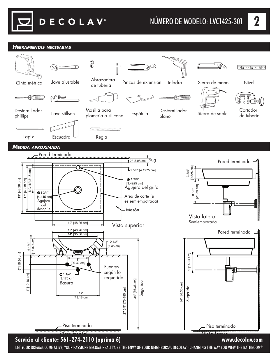Vista superior vista frontal vista lateral, Vista lateral | Decolav 1425 User Manual | Page 12 / 16