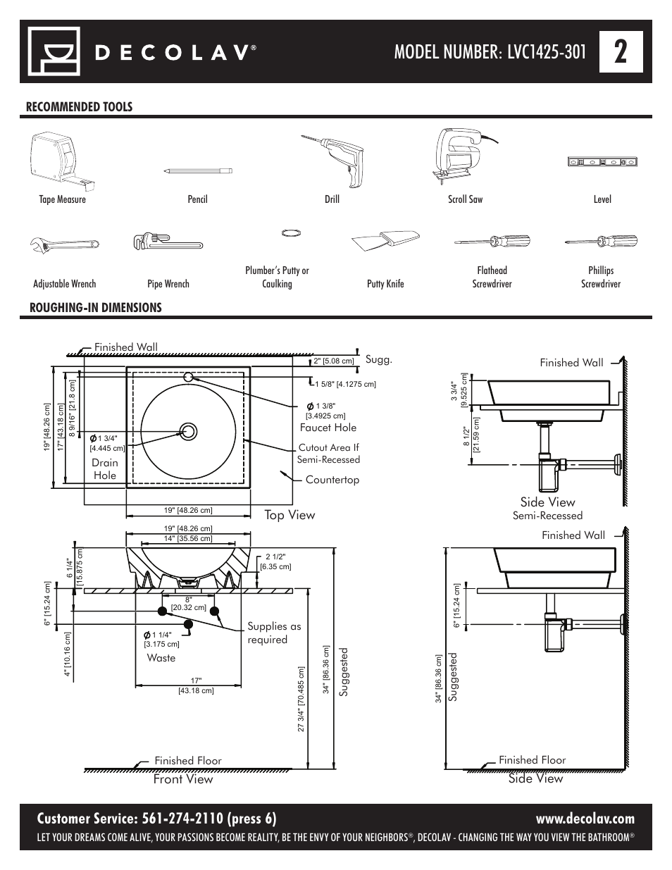 Recommended tools roughing-in dimensions, Top view front view, Side view | Decolav 1425 User Manual | Page 2 / 16
