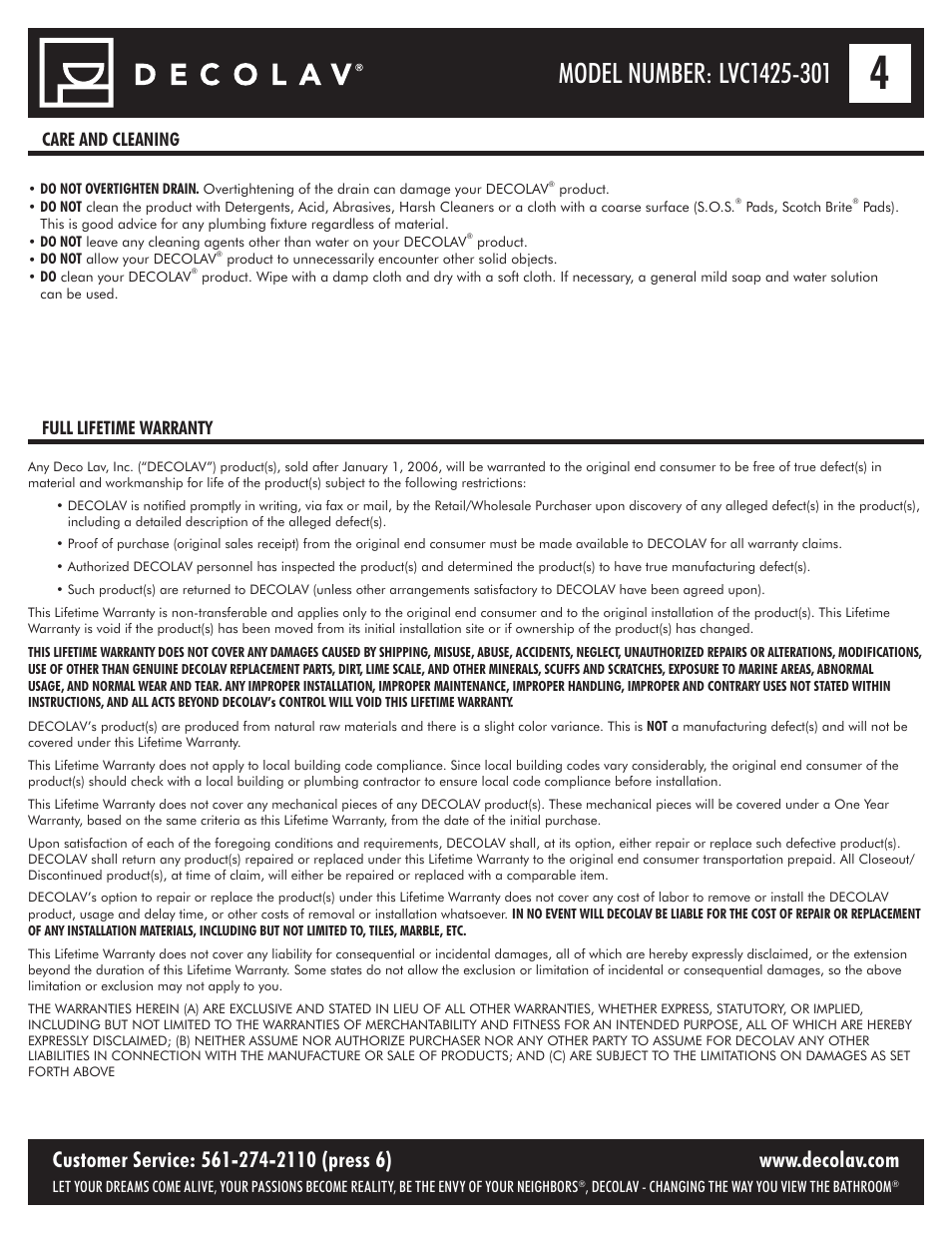 Care and cleaning full lifetime warranty | Decolav 1425 User Manual | Page 4 / 16
