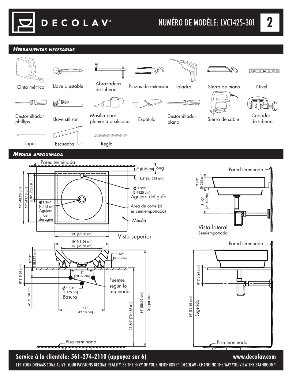 Vista superior vista frontal vista lateral, Vista lateral | Decolav 1425 User Manual | Page 6 / 16