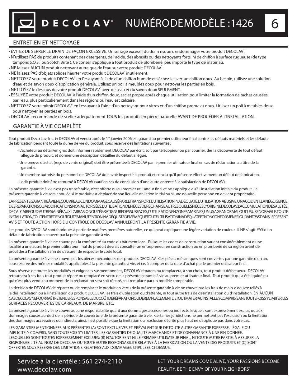 Numéro de modèle : 1426, Entretien et nettoyage garantie à vie complète | Decolav 1426 User Manual | Page 12 / 18