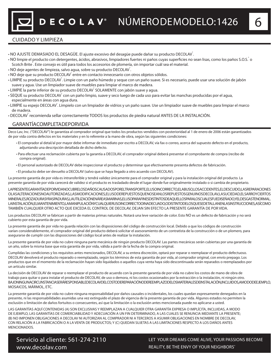 Número de modelo: 1426, Cuidado y limpieza garantía completa de por vida | Decolav 1426 User Manual | Page 18 / 18