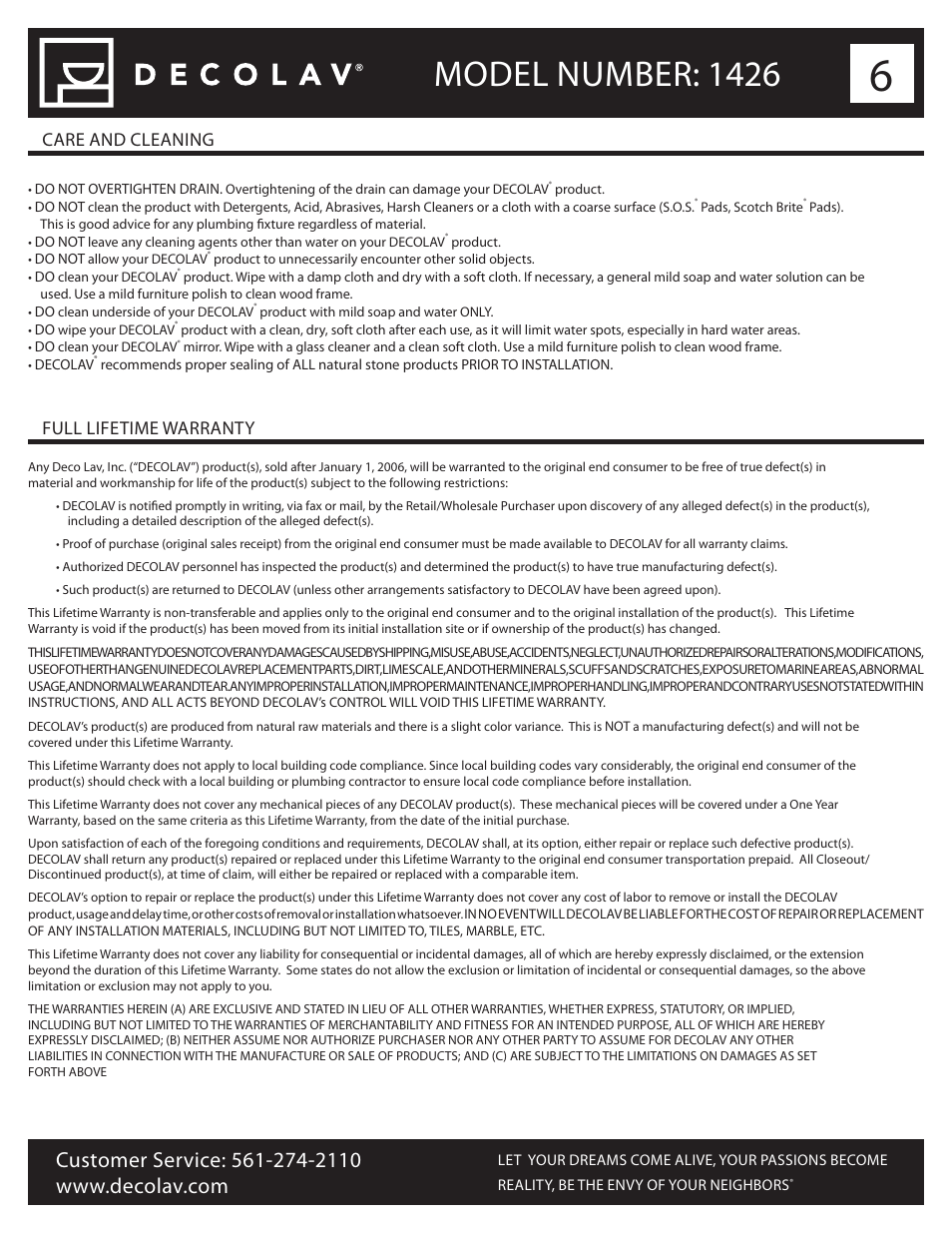 Model number: 1426, Care and cleaning full lifetime warranty | Decolav 1426 User Manual | Page 6 / 18