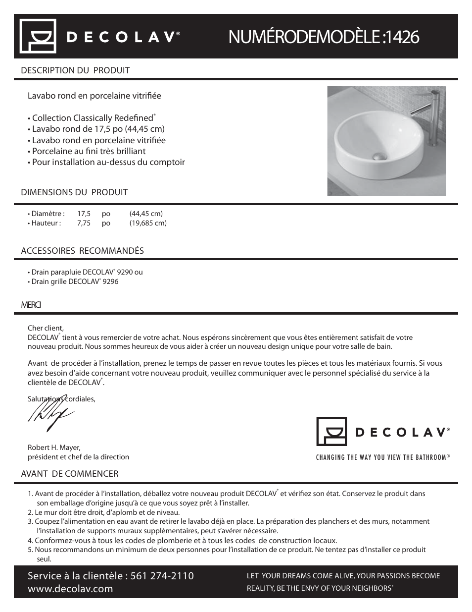 1426_fr_05_11, Numéro de modèle : 1426 | Decolav 1426 User Manual | Page 7 / 18