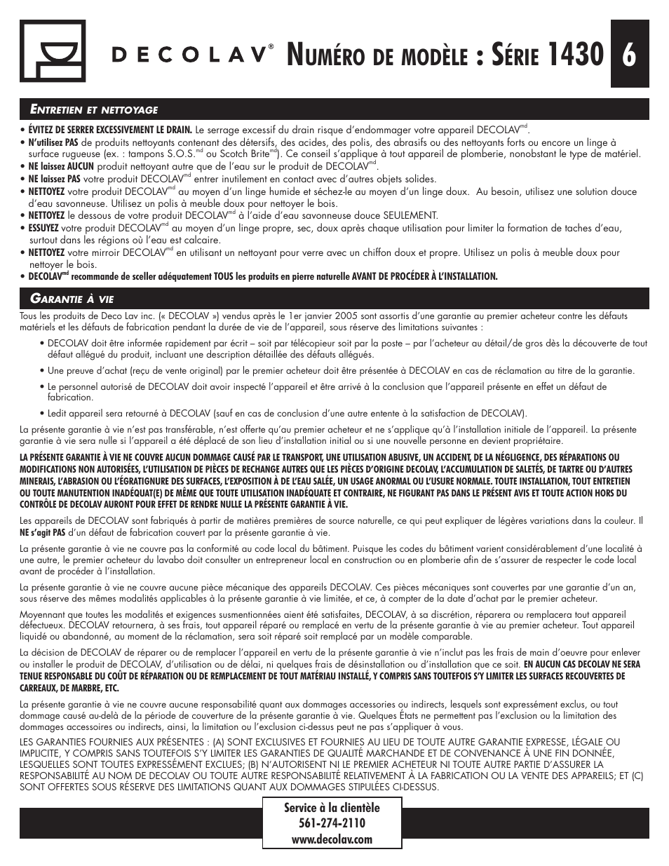 Uméro, Modèle, Érie | Decolav 1430 User Manual | Page 12 / 18