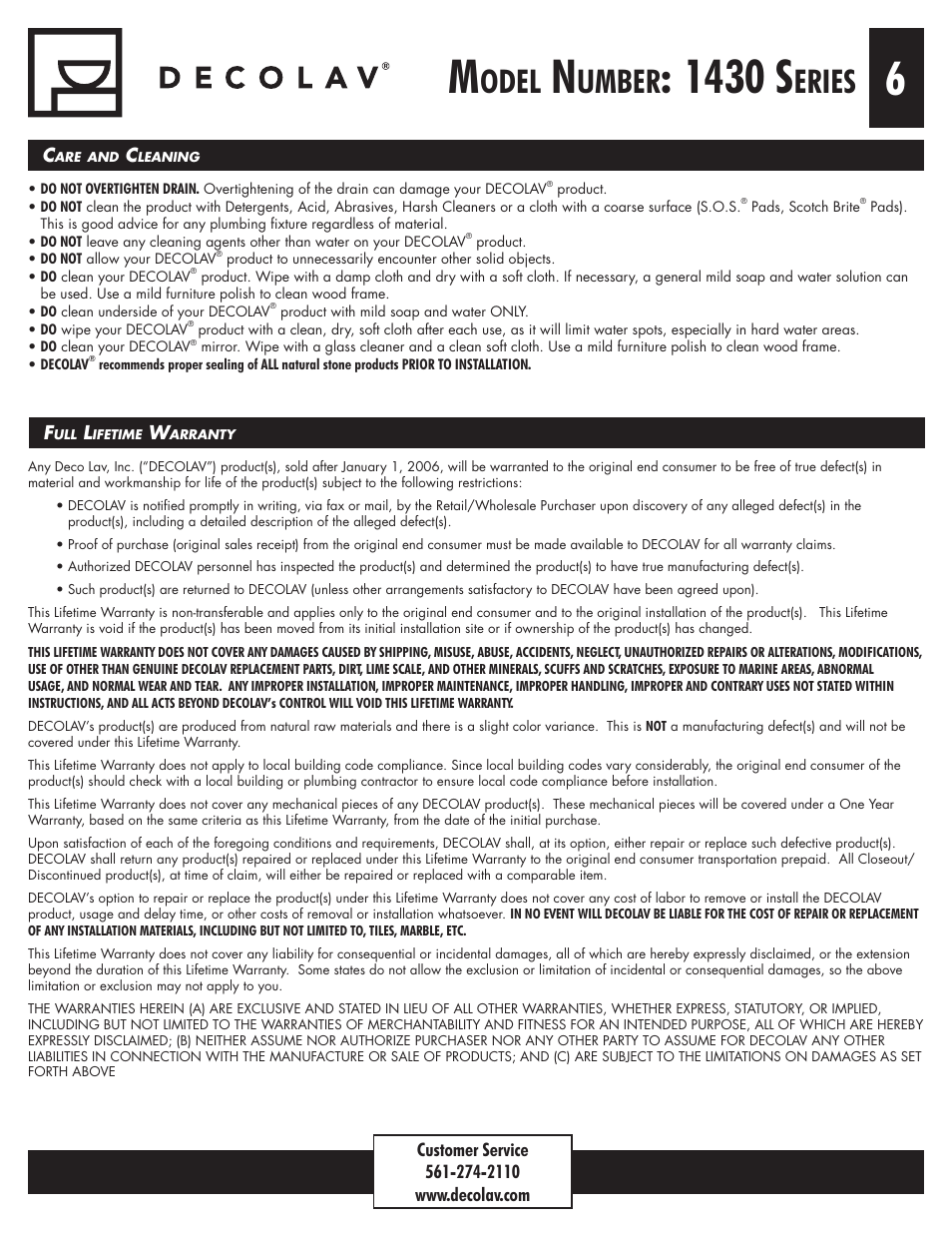 1430 s, Odel, Umber | Eries | Decolav 1430 User Manual | Page 6 / 18