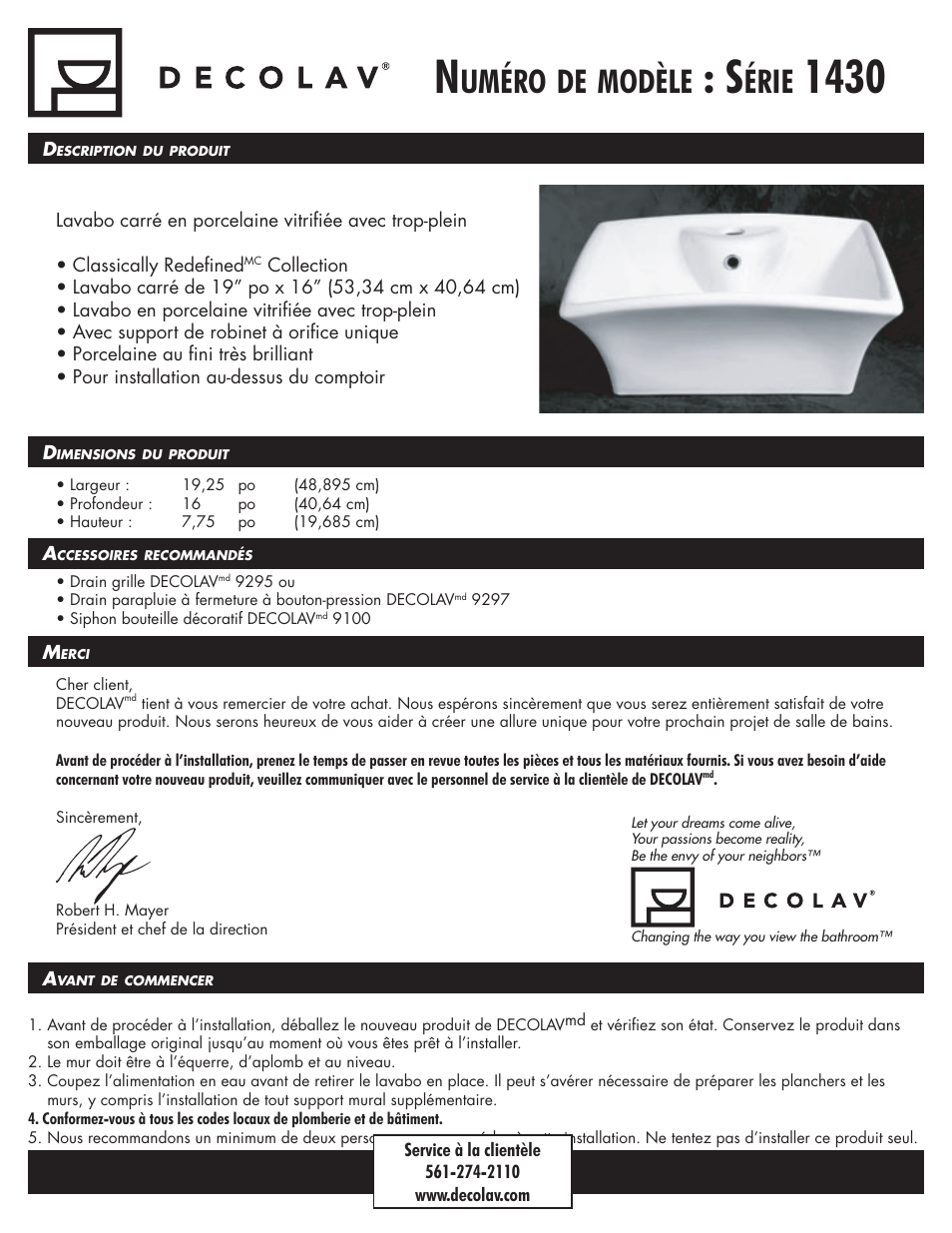 Uméro, Modèle, Érie | Decolav 1430 User Manual | Page 7 / 18