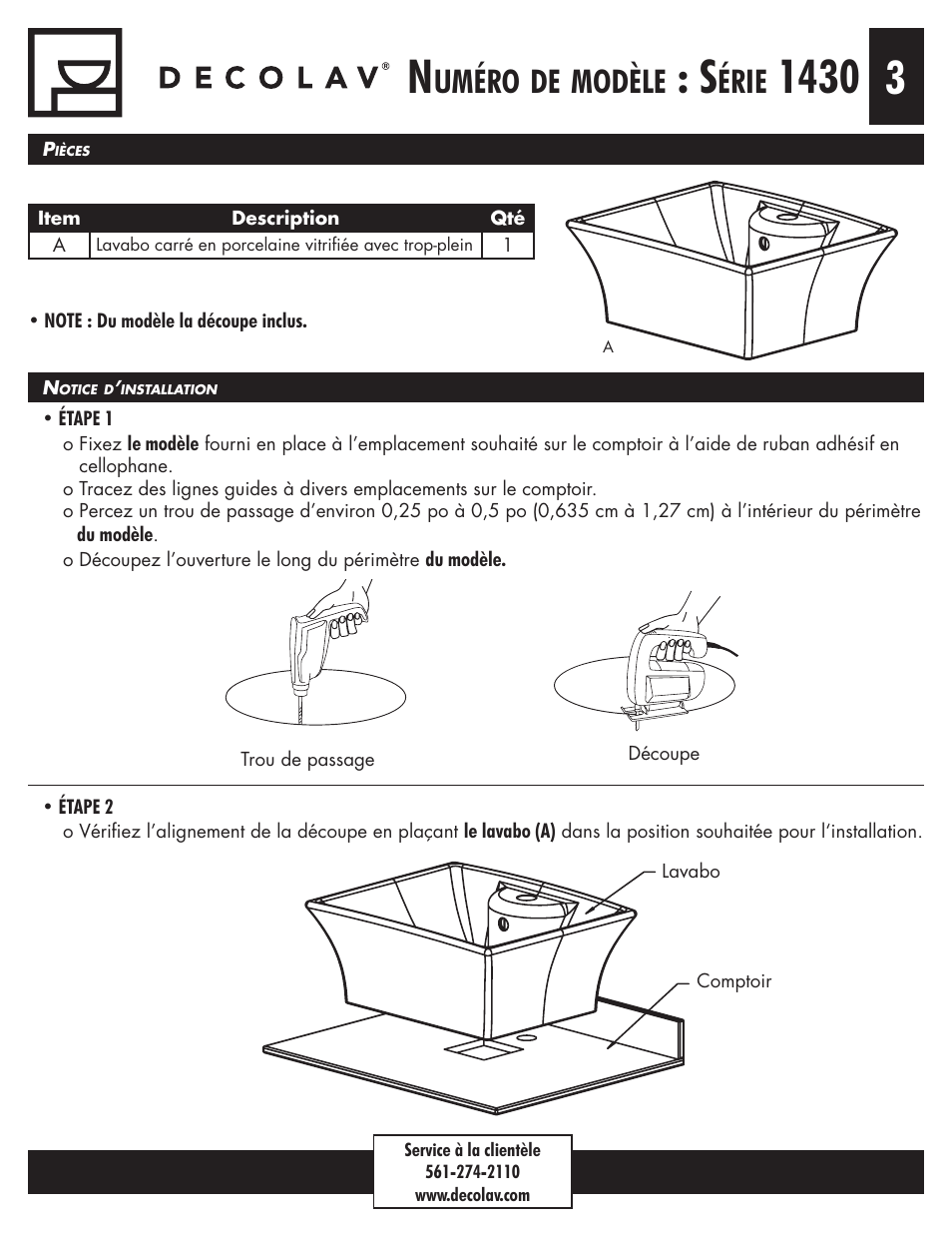 Uméro, Modèle, Érie | Decolav 1430 User Manual | Page 9 / 18
