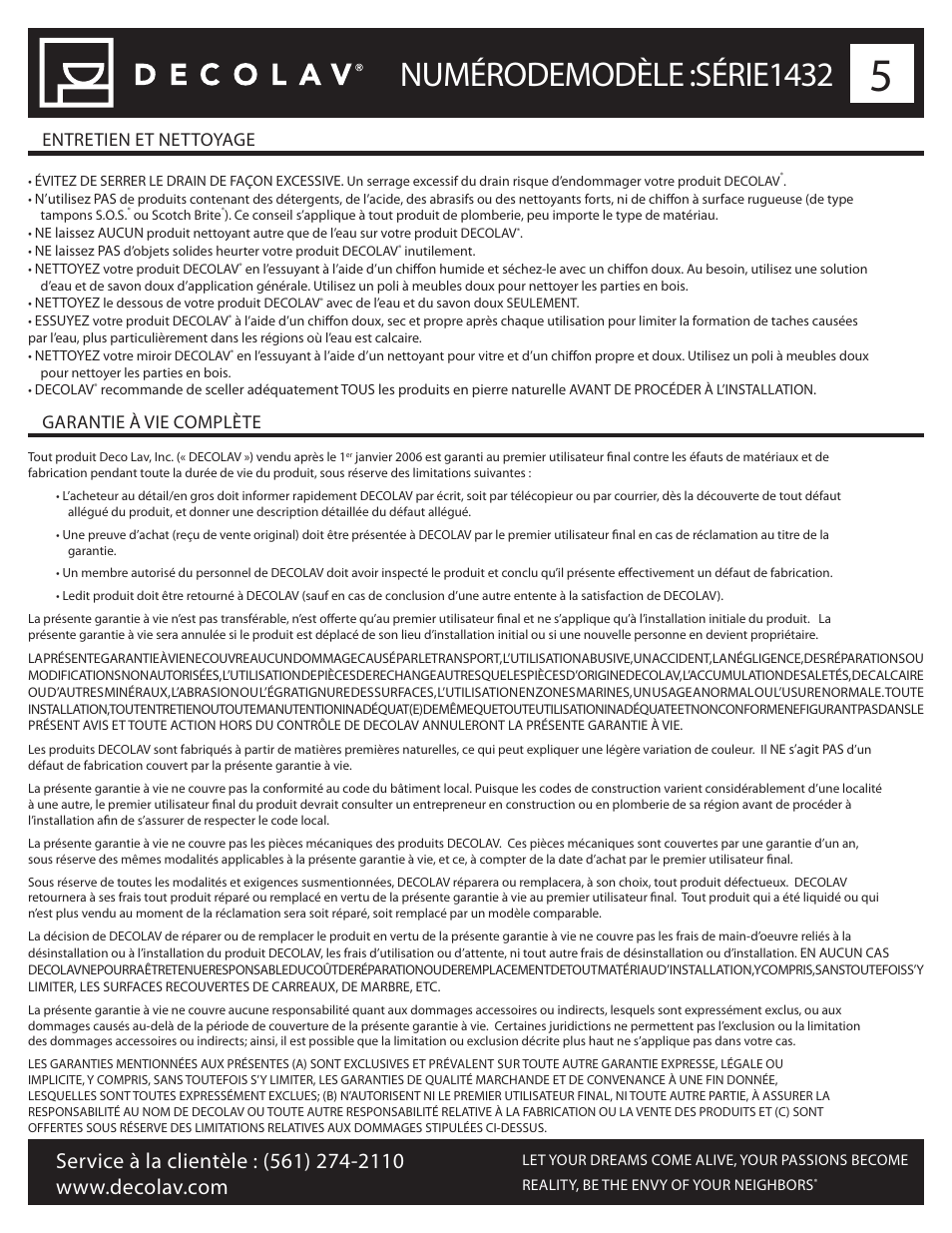 Numéro de modèle : série, Numéro de modèle : série 1432, Entretien et nettoyage garantie à vie complète | Decolav 1432 User Manual | Page 10 / 15