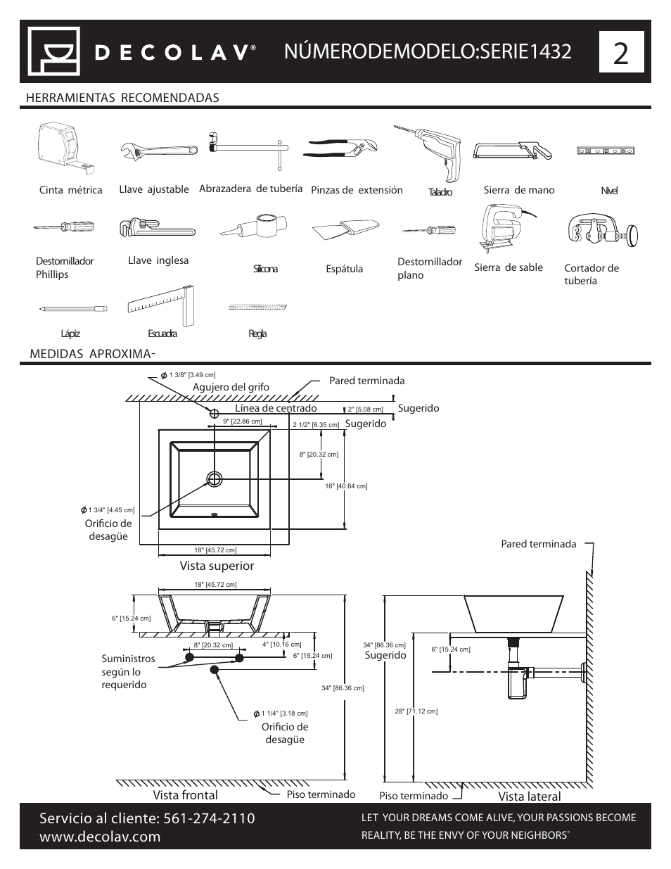 Número de modelo: serie 1432, Herramientas recomendadas medidas aproxima, Vista frontal | Vista superior, Vista lateral | Decolav 1432 User Manual | Page 12 / 15