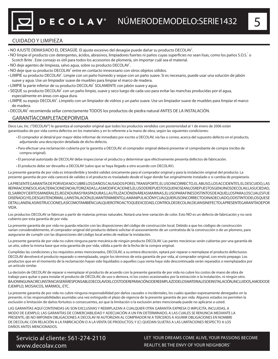 Número de modelo: serie, Número de modelo: serie 1432, Cuidado y limpieza garantía completa de por vida | Decolav 1432 User Manual | Page 15 / 15