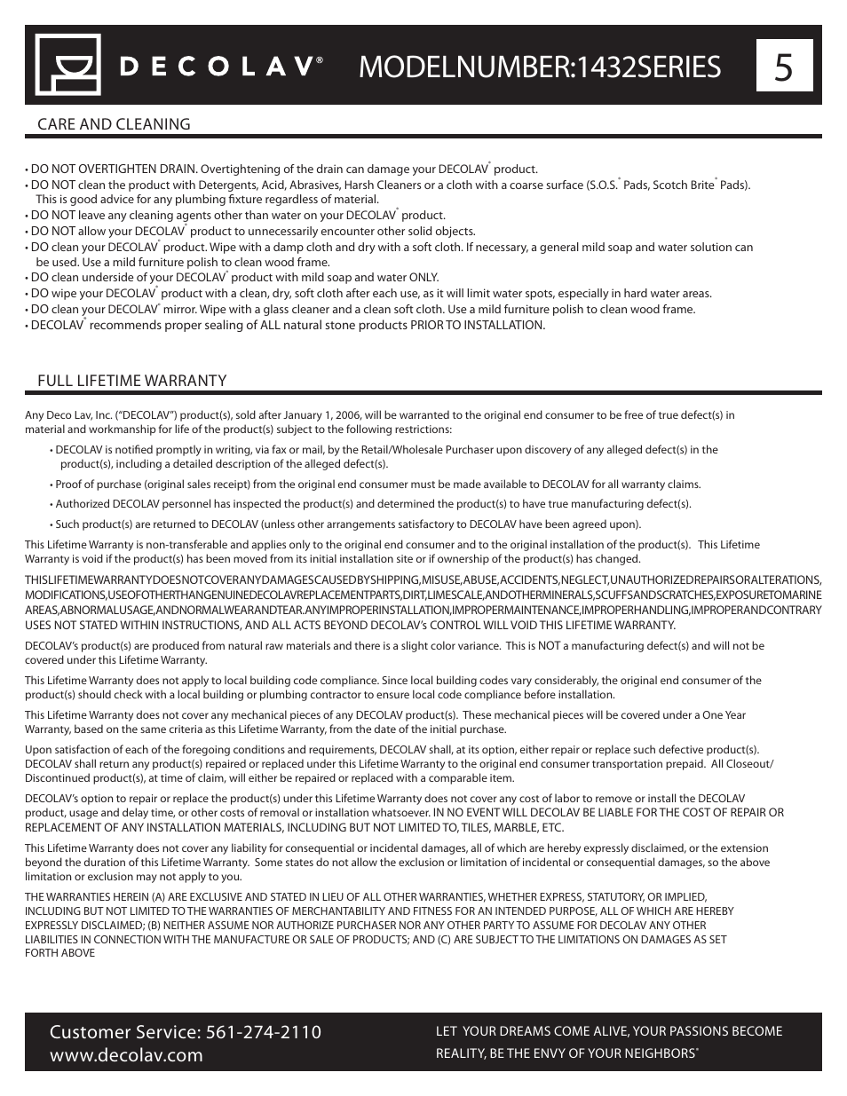 Model number: 1432 series, Care and cleaning full lifetime warranty | Decolav 1432 User Manual | Page 5 / 15