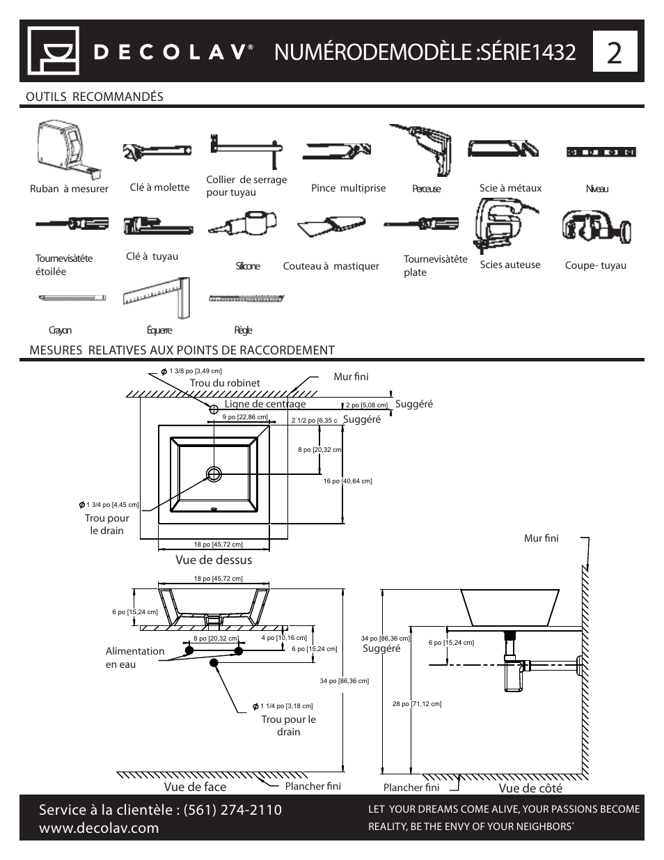 Numéro de modèle : série 1432, Vue de face, Vue de dessus | Vue de côté | Decolav 1432 User Manual | Page 7 / 15