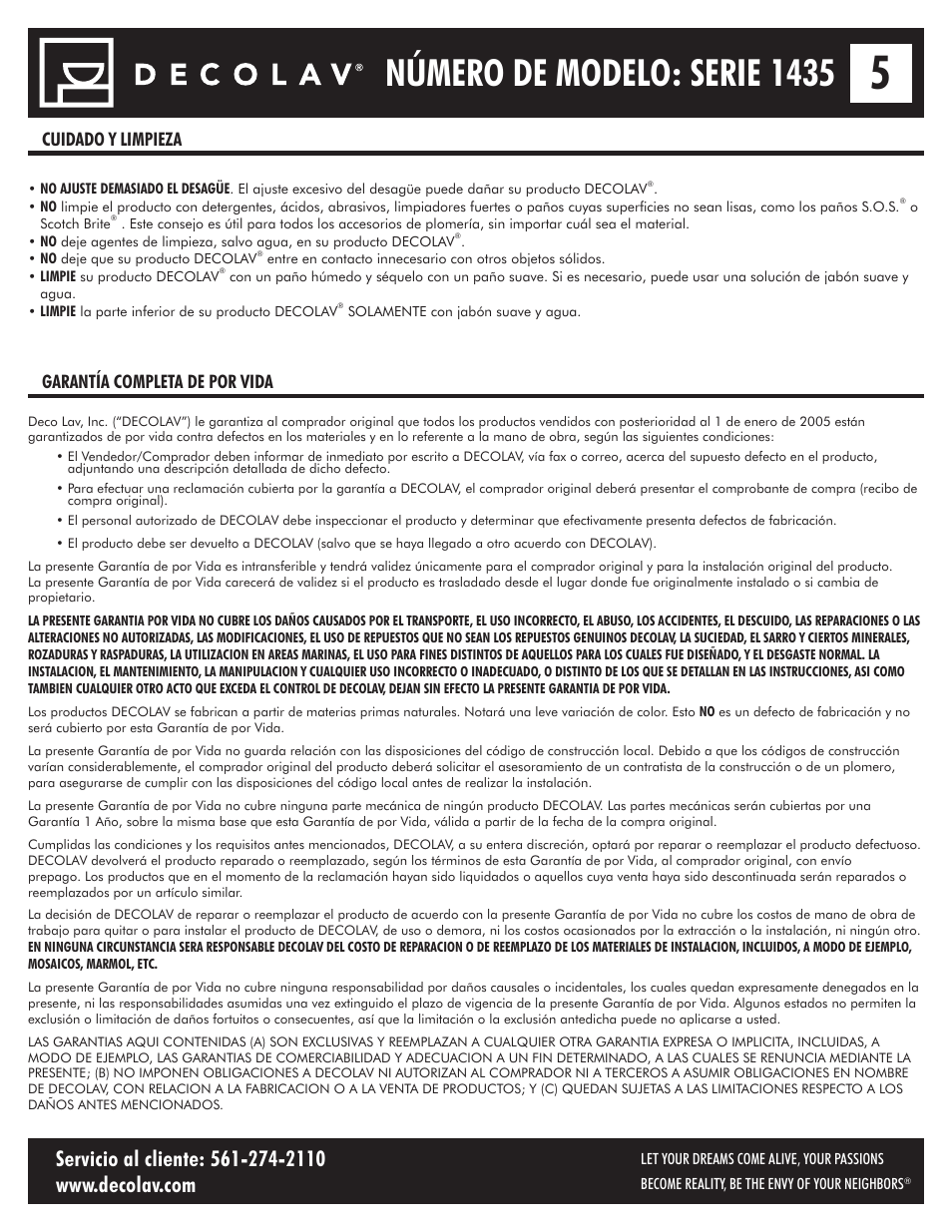 Número de modelo: serie 1435, Cuidado y limpieza garantía completa de por vida | Decolav 1435 User Manual | Page 15 / 15