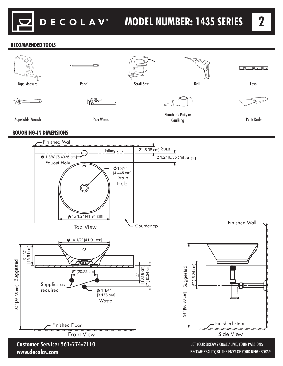 Model number: 1435 series, Side view, Front view | Top view | Decolav 1435 User Manual | Page 2 / 15