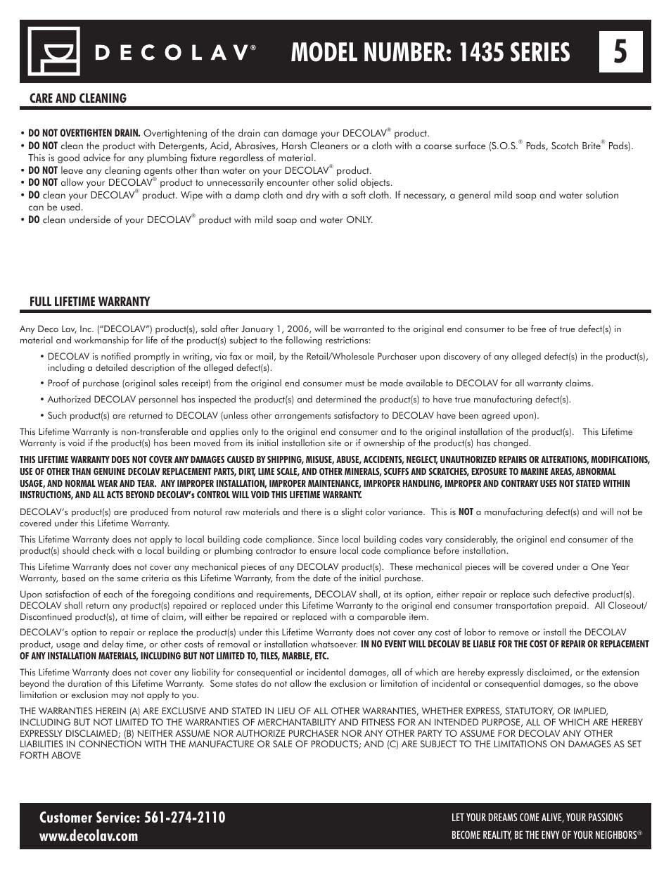 Model number: 1435 series, Care and cleaning full lifetime warranty | Decolav 1435 User Manual | Page 5 / 15