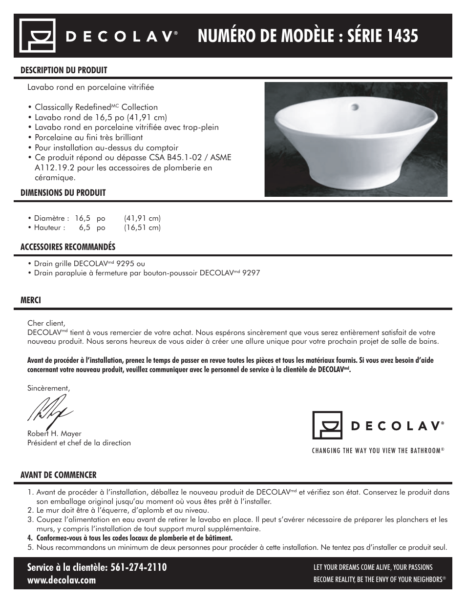1435_fr_072910.pdf, Numéro de modèle : série 1435 | Decolav 1435 User Manual | Page 6 / 15