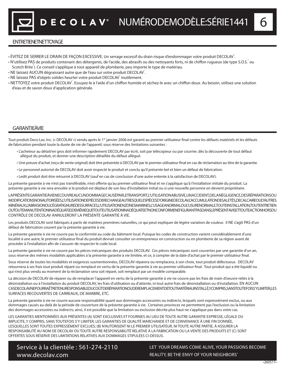 Numéro de modèle : série 1441, Entretien et nettoyage garantie à vie | Decolav 1441 User Manual | Page 12 / 18