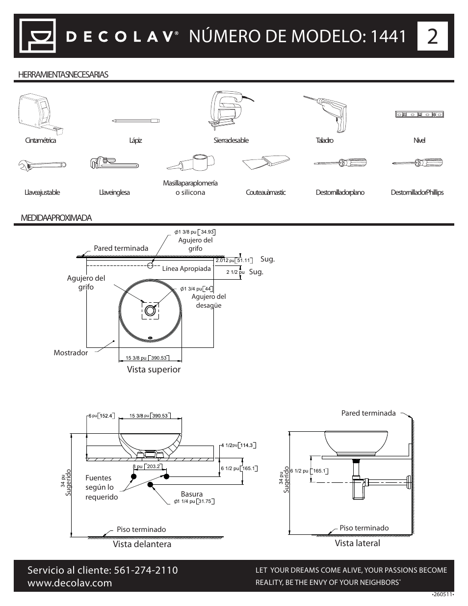 Número de modelo: 1441, Vista superior, Vista delantera | Vista lateral, Herramientas necesarias medida aproximada | Decolav 1441 User Manual | Page 14 / 18