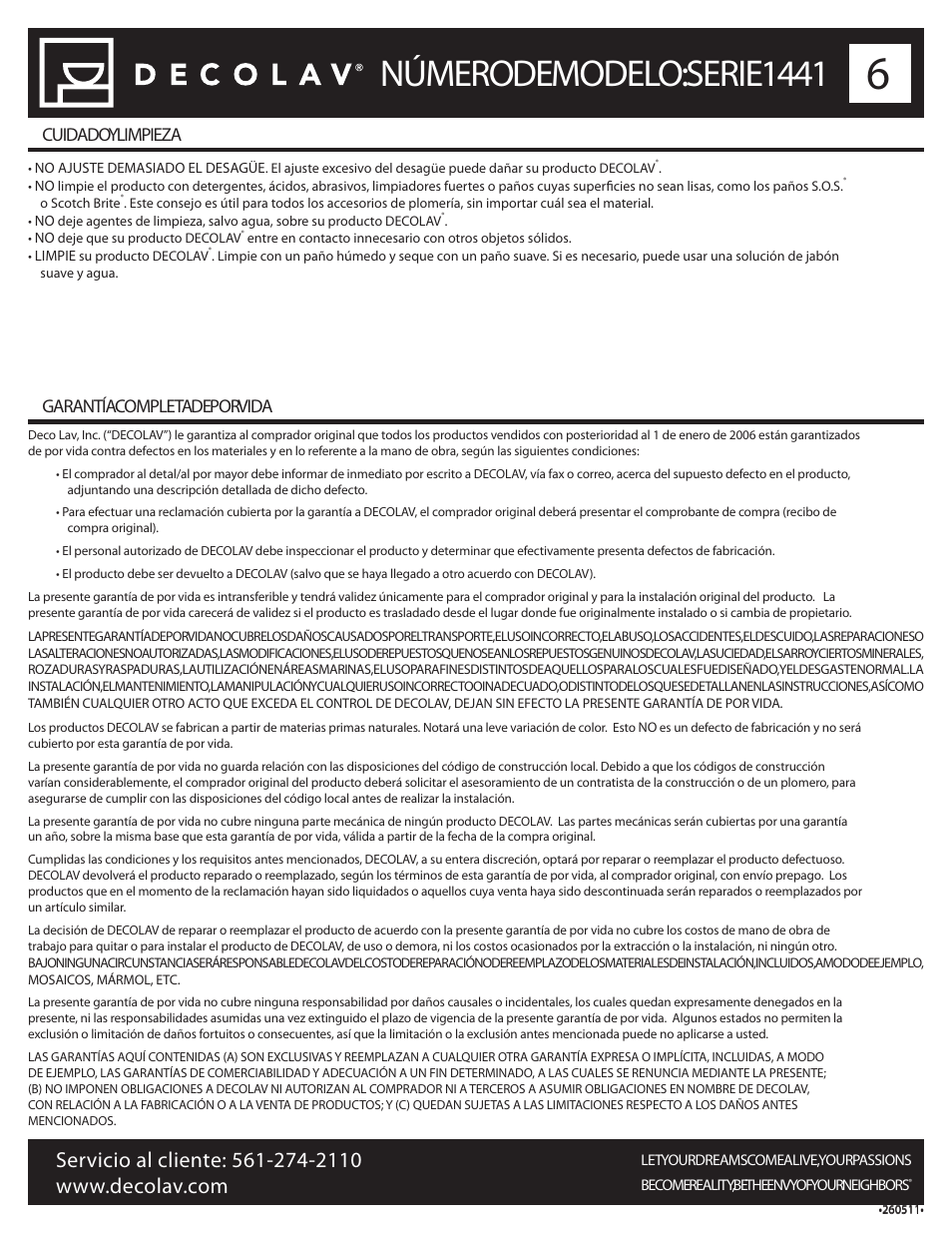 Número de modelo: serie 1441, Cuidado y limpieza garantía completa de por vida | Decolav 1441 User Manual | Page 18 / 18