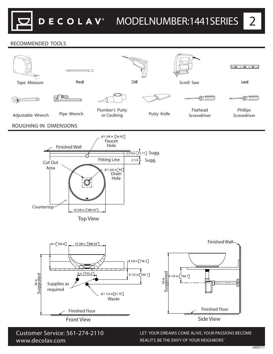 Model number: 1441 series, Side view, Front view | Top view | Decolav 1441 User Manual | Page 2 / 18