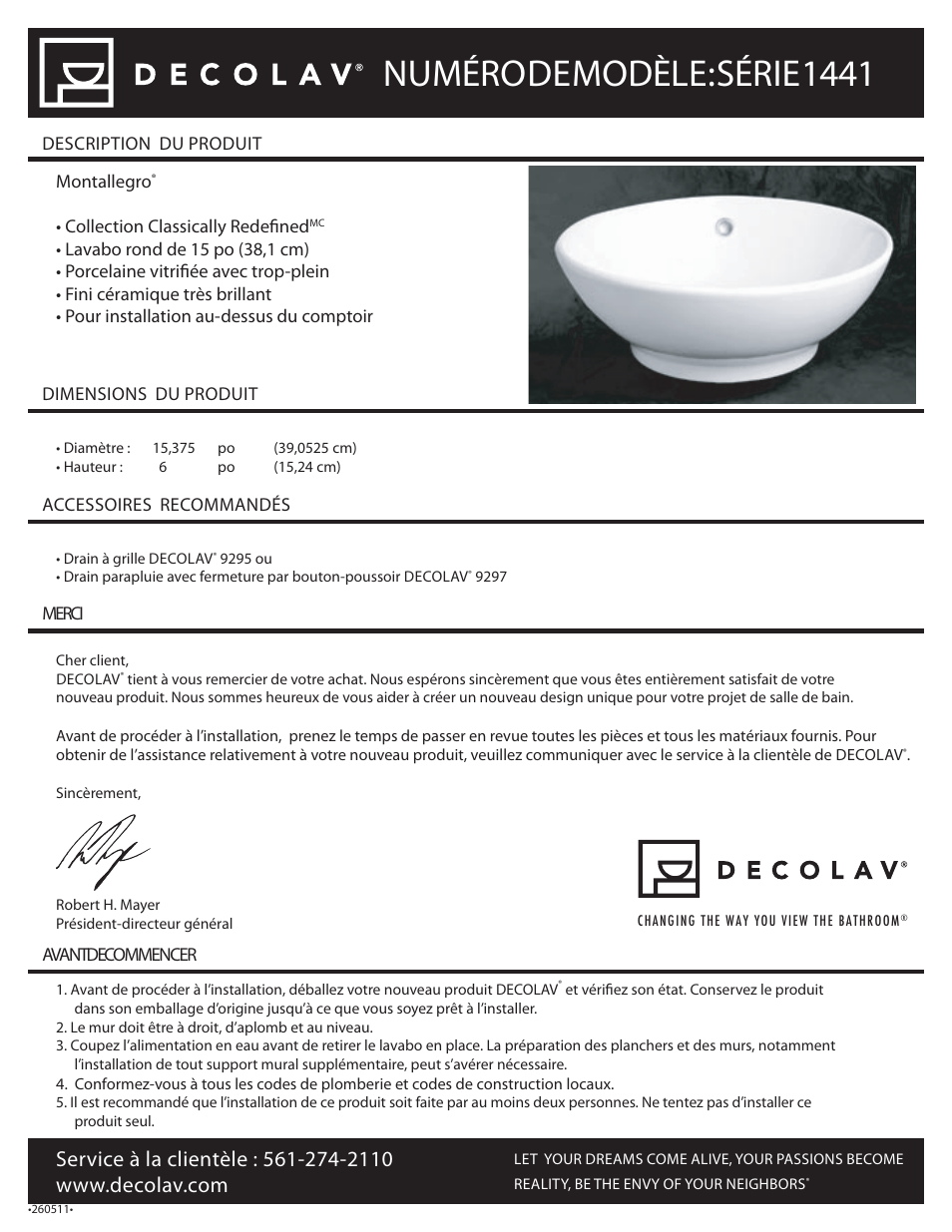 1441_fr_05_11, Numéro de modèle : série 1441 | Decolav 1441 User Manual | Page 7 / 18