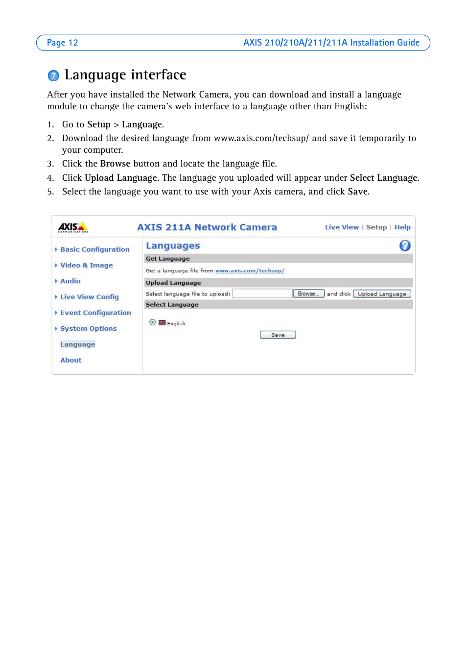 Language interface | Axis Communications Axis 211 User Manual | Page 12 / 83