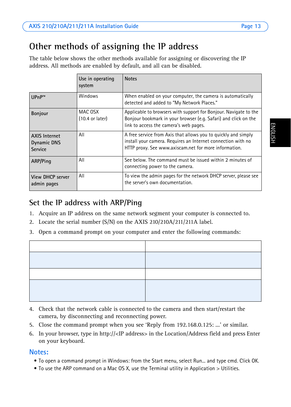 Other methods of assigning the ip address, Set the ip address with arp/ping | Axis Communications Axis 211 User Manual | Page 13 / 83