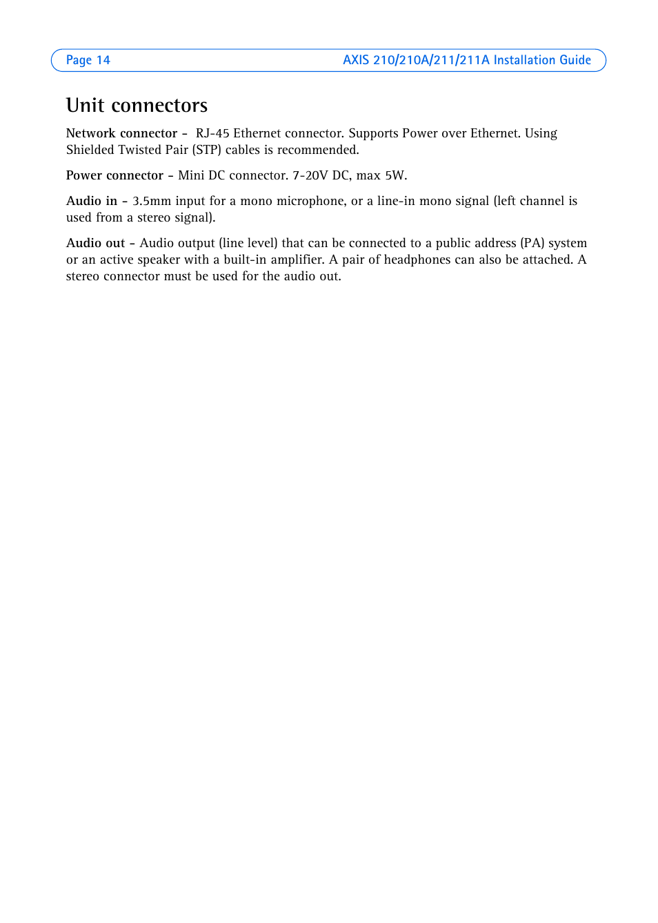 Unit connectors | Axis Communications Axis 211 User Manual | Page 14 / 83