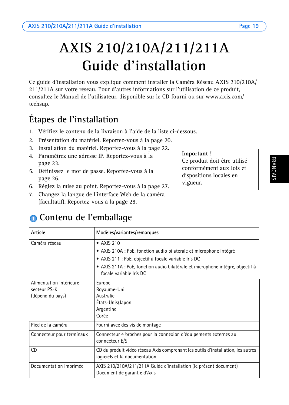 Axis 210/210a/211/211a guide d'installation, Étapes de l'installation, Contenu de l'emballage | Guide d'installation | Axis Communications Axis 211 User Manual | Page 19 / 83